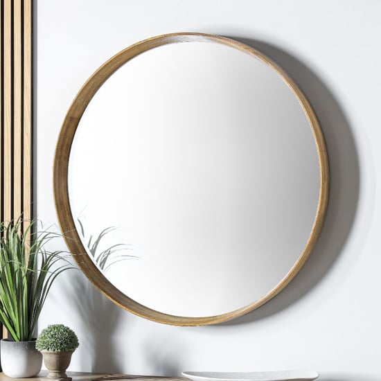 Kinder Round Large Bevelled Wall Mirror In Oak Wood Frame