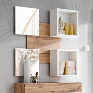 Elyria Wooden Wall Shelf With 2 Mirror In Wotan Oak And White